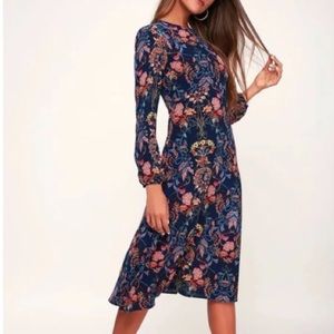 Lulu’s I.Madeline Navy Blue Garden Splendor A-Line Floral Boho Dress Size Medium
